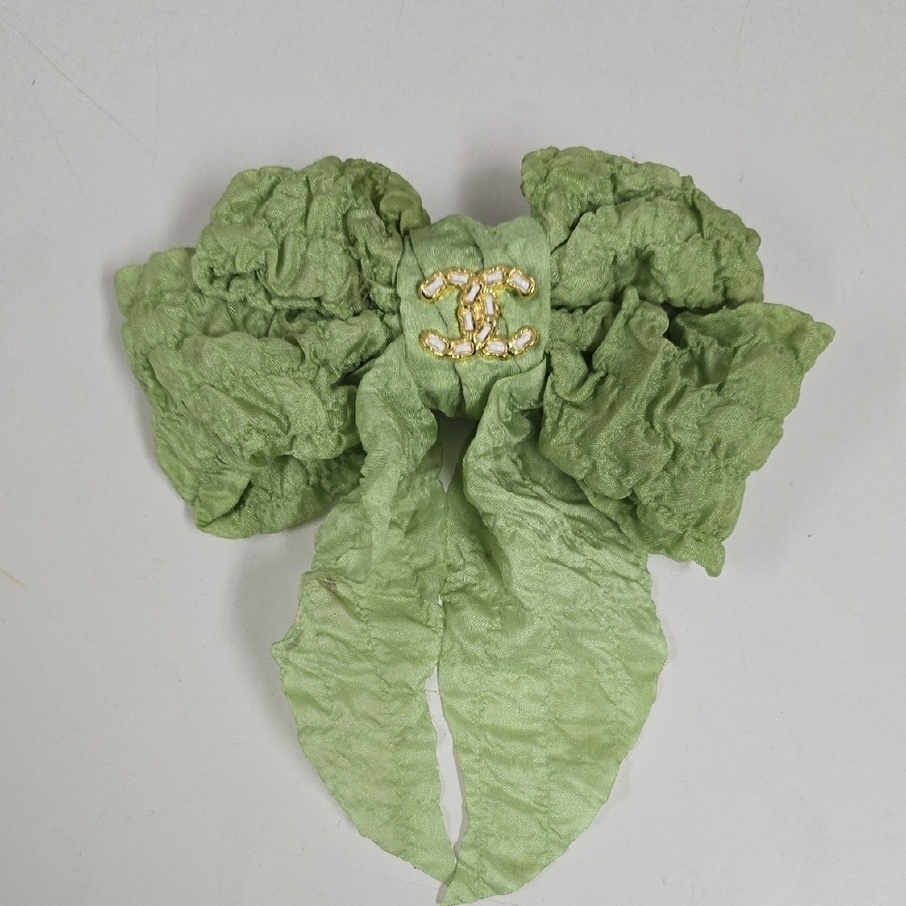 Green Hair Bow with Gold Logo